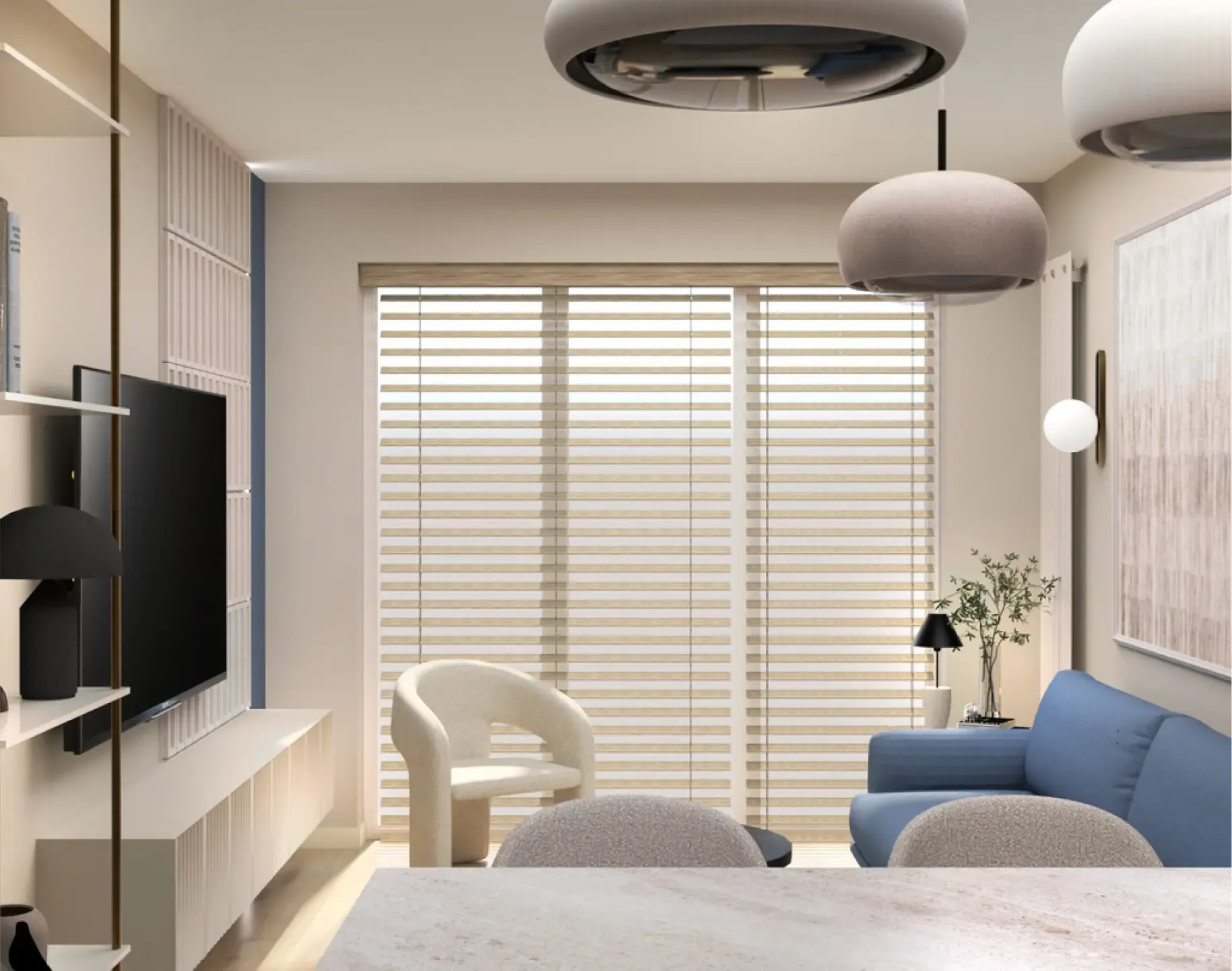 Salon z niebieską sofą