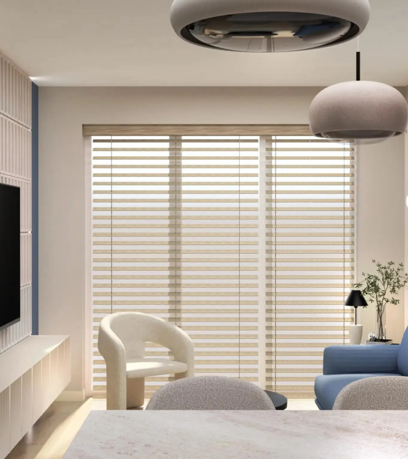Nowoczesny salon z żaluzjami okiennymi