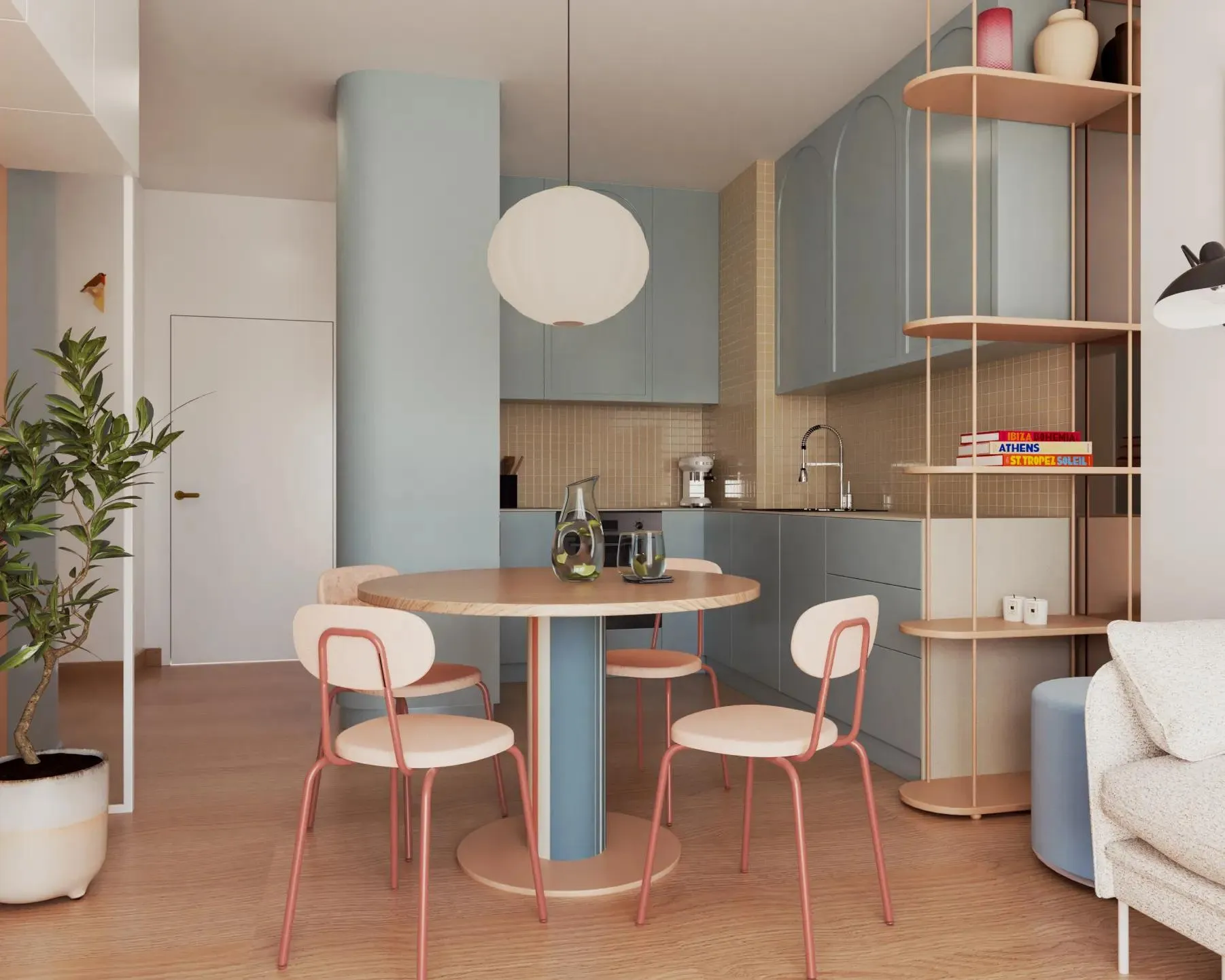 Pastelowa kuchnia z różowymi krzesłami