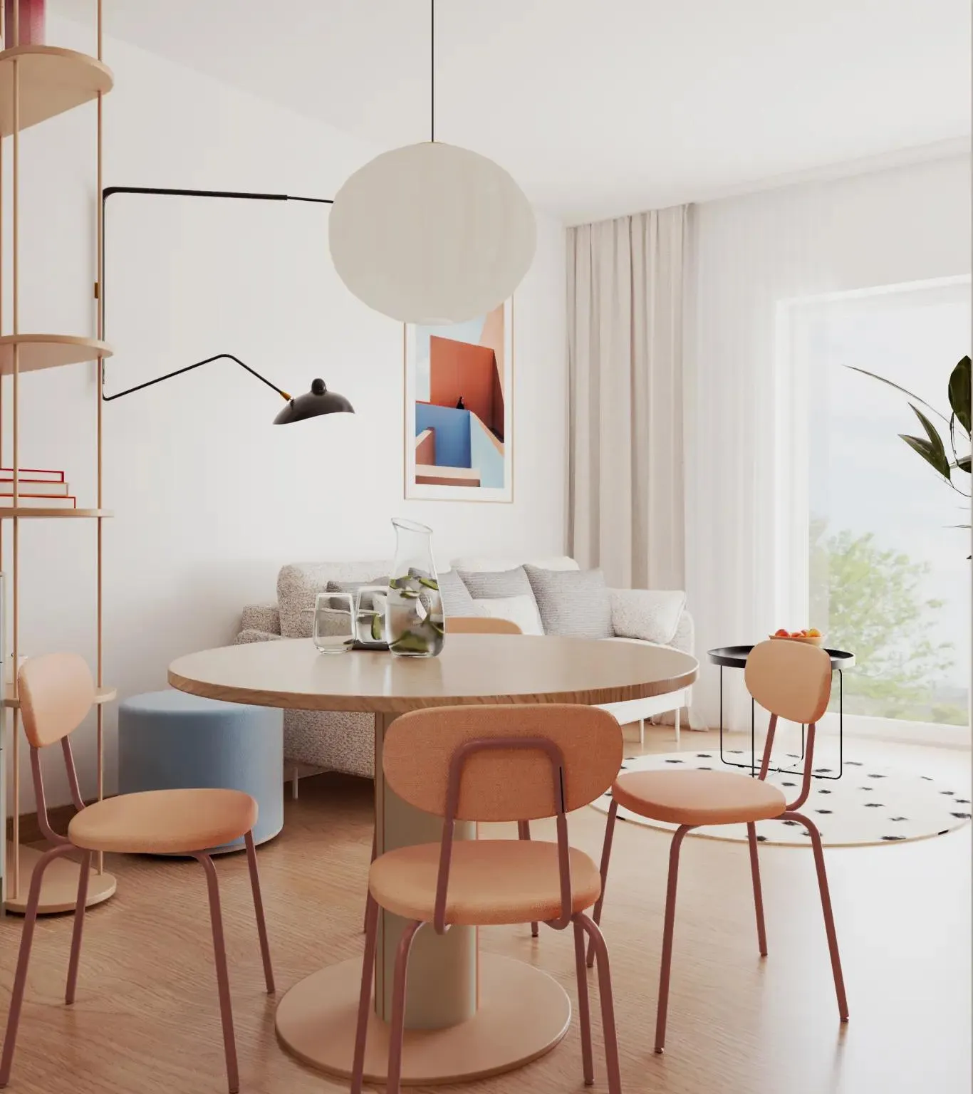 Jasna jadalnia z okrągłym stołem