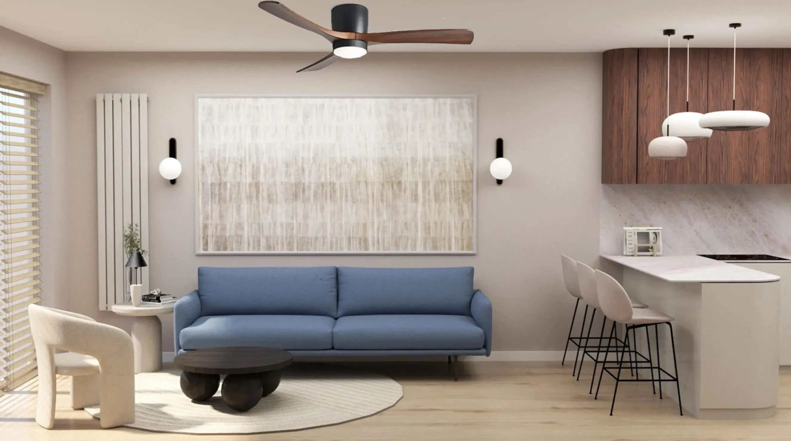 Salon z niebieską sofą